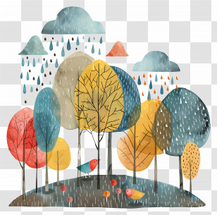 Rain - Colorful Rainy Forest With Birds And Trees Transparent PNG