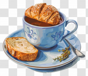Tea And Bread - Cup With Bread And Croissant For Breakfast Transparent PNG