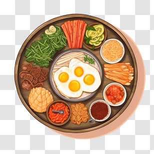 Korean Food - Round Platter With Mixed Food Items And Eggs Transparent PNG