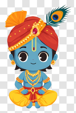 Krishna - Blue Cartoon Character Sitting With Peacock Feather Transparent PNG