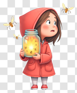 Dreamy Cartoon Girl - Red-hooded Girl Holding Glowing Jar Of Fireflies Transparent PNG