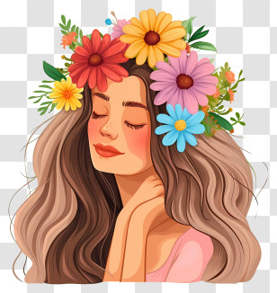 Cartoon Woman And Flowers - Woman Portrait With Floral Hair Crown Transparent PNG
