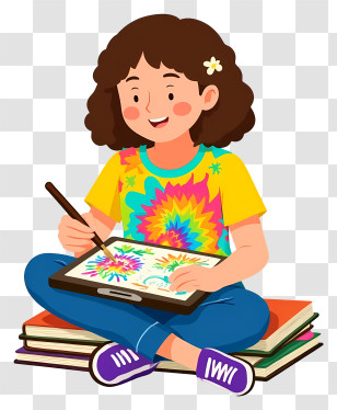 Cartoon Girl Sitting - Girl Painting With Tie-Dye Shirt Transparent PNG