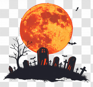 Halloween Full Moon - Graveyard Scene With Orange Moon Transparent PNG