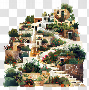 Terracing - Scenic Stone Houses With Gardens Transparent PNG
