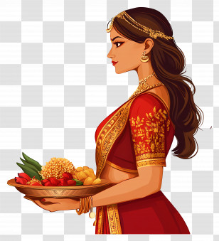 Karva Chauth - Woman In Traditional Attire Holding Offerings Transparent PNG