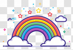 Rainbow - Cartoon Rainbow With Stars And Clouds Transparent PNG
