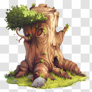 Tree Trunk - Tree Stump Illustration With Moss And Foliage Transparent PNG