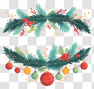 Christmas Balls On A Branch - Christmas Garland With Ornaments And Pine Leaves Transparent PNG