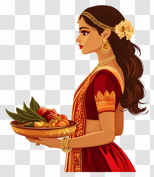Karva Chauth - Woman Holding An Offering Plate In Traditional Festive Attire Transparent PNG