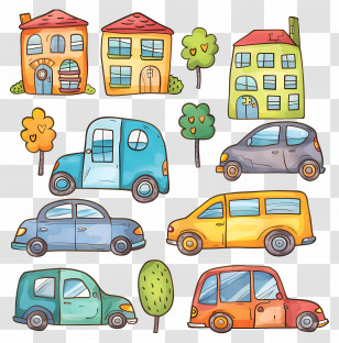 Cars In City - Colorful Doodle Houses And Cars Illustration Transparent PNG