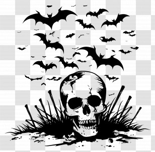 Halloween Silhouette - Skull And Bats Illustration For Halloween Transparent PNG
