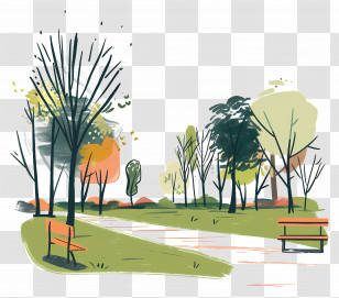 Park Greenery - Beautiful Park Landscape With Trees And Benches Transparent PNG