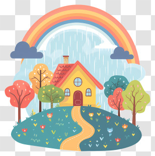 Rainy Landscape - Charming House With Rainbow And Rainy Background Illustration Transparent PNG
