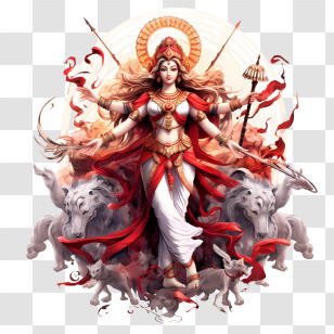 Sharad Navratri - Goddess With Multiple Arms And Lions Transparent PNG