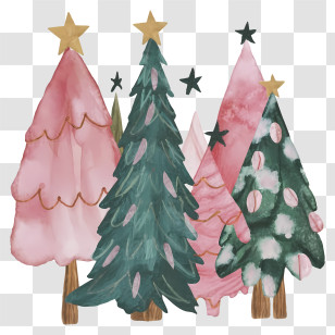 Watercolor Illustration - Painted Holiday Trees With Stars And Decorations Transparent PNG