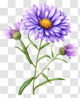Realistic Elegant Aster Flower - Stem Of Purple Flowers In Bloom Transparent PNG