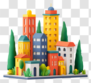 City Landscape - Colorful Cartoon Buildings Transparent PNG