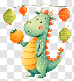 Cute Chinese Dragon - Cartoon Dragon Holding Orange With Lanterns Transparent PNG