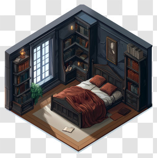 Bedroom - Cozy Bedroom With Bookshelves Transparent PNG