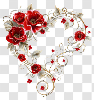 Heart With Flowers - Heart Shape With Red Flowers And Swirls Transparent PNG