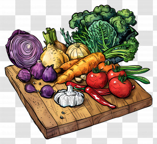 Wooden Cutting Board With Vegetables - Fresh Vegetables On Wooden Cutting Board Transparent PNG