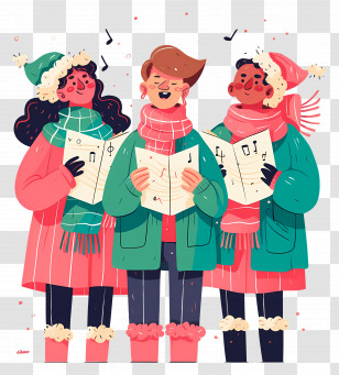 Go Caroling Day - Trio Caroling With Music Sheets Transparent PNG