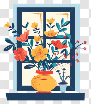 Spring Window Flowers - Illustrated Flower Vase By The Window Transparent PNG