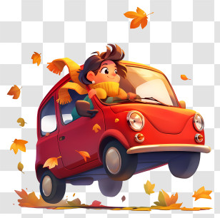 Driving In Autumn - Red Car With Autumn Leaves Transparent PNG