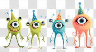 Monster Eyeballs - Funny Cartoon Monsters Wearing Party Hats Transparent PNG