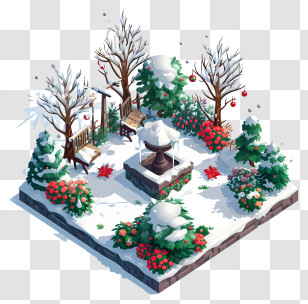 Winter Garden - Snowy Park With Benches And Fountain Transparent PNG