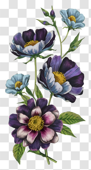 Purple Flowers - Watercolor Floral Bouquet With Purple And Blue Petals Transparent PNG