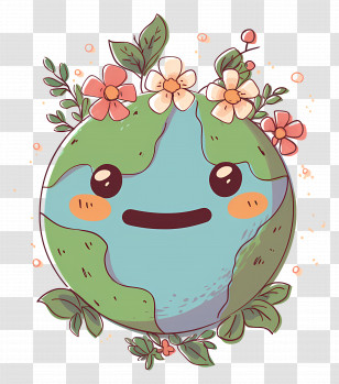 Cute Earth - Smiling Earth With Floral Accents Cartoon Transparent PNG