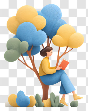 Reading Book Under Tree - Woman Reading Under Colorful Tree Illustration Transparent PNG