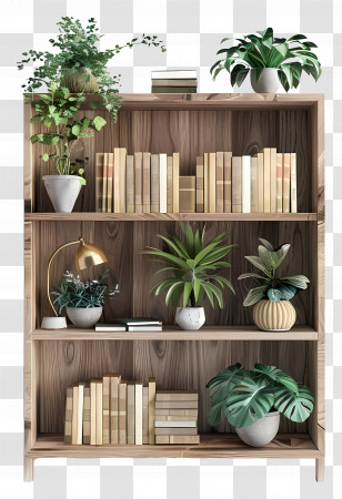 Bookcase - Wooden Bookshelf Adorned With Greenery And Books Transparent PNG