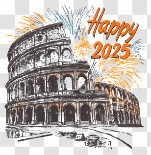 Happy 2025 - Colosseum With Fireworks For New Year 2025 Transparent PNG