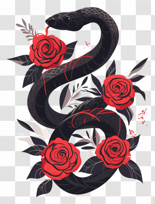 Sleeve Tattoo - Black Snake With Red Roses Transparent PNG