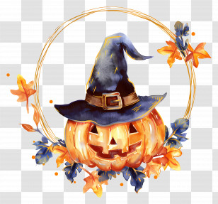 Halloween Wreath - Halloween Pumpkin Wearing A Witch Hat Transparent PNG