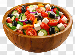 Greek Salad - Wooden Bowl Of Fresh Salad With Vegetables Transparent PNG