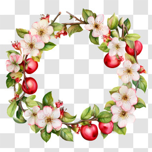 Apple Blossom Wreath - Floral Wreath With Blossoms And Red Fruits Transparent PNG