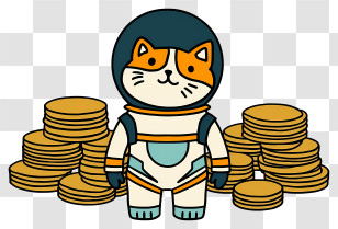 Cat Astronaut - Cat Astronaut Cartoon Character With Coins Transparent PNG