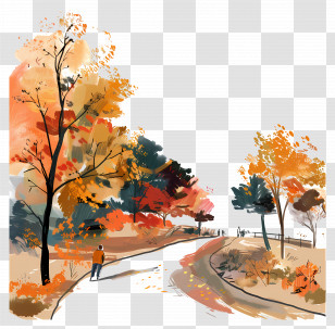 Autumn Park - Autumn Trees And Pathway Illustration Transparent PNG