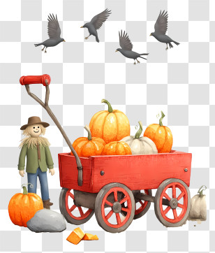 Pumpkin Wagon - Scarecrow And Pumpkin-filled Wagon Transparent PNG