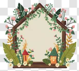 Cartoon - Decorative Garden Frame With Flowers And Miniature Houses Transparent PNG