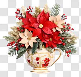 White And Red Vase - Festive Poinsettia Flower Bouquet Transparent PNG