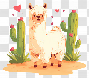 Alpaca Cartoon - Llama With Cactus And Hearts Transparent PNG