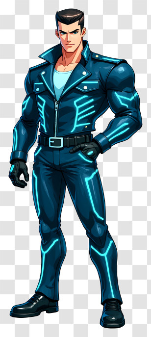 Muscular Anime Man - Futuristic Neon Leather Hero Transparent PNG
