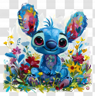 Stitch - Colorful Cartoon Character Sitting Among Flowers Transparent PNG