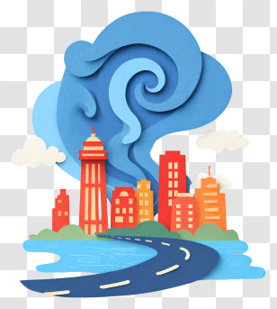 Hurricane Moving Towards City - Colorful Cityscape With Road And River Transparent PNG