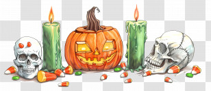 Halloween Decor - Halloween Pumpkin With Skulls And Glow Candles Transparent PNG